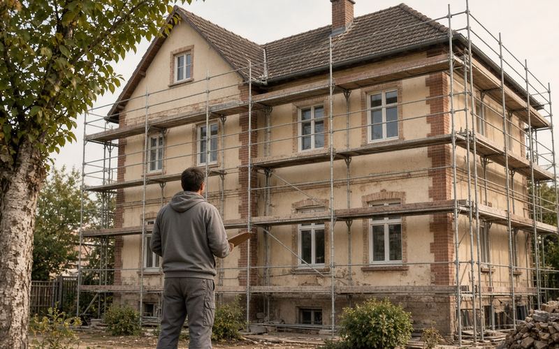 Eingerüstetes älteres Wohnhaus, davor eine Person von hinten mit Unterlagen in der Hand (KI-generiert)