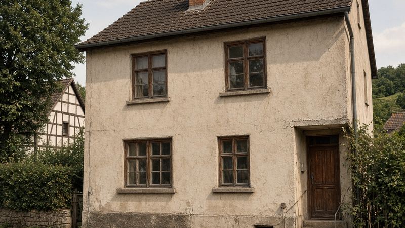 Älteres verputztes Wohnhaus mit Sprossenfenstern vor der Sanierung, von der Straße aus gesehen (KI-generiert)