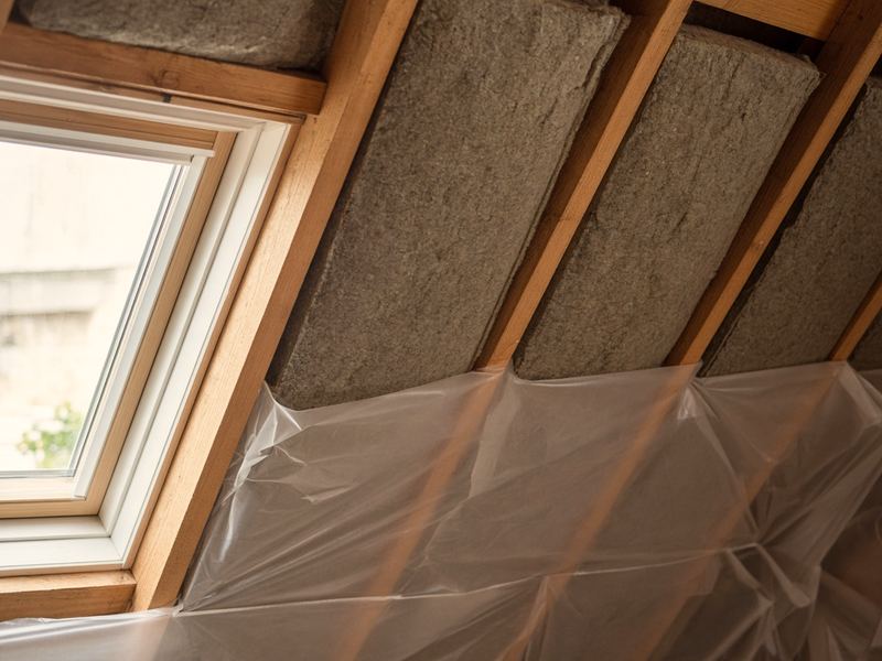 Dachschräge mit Dämmung zwischen den Sparren, Dampfbremsfolie und Dachfenster (KI-generiert)