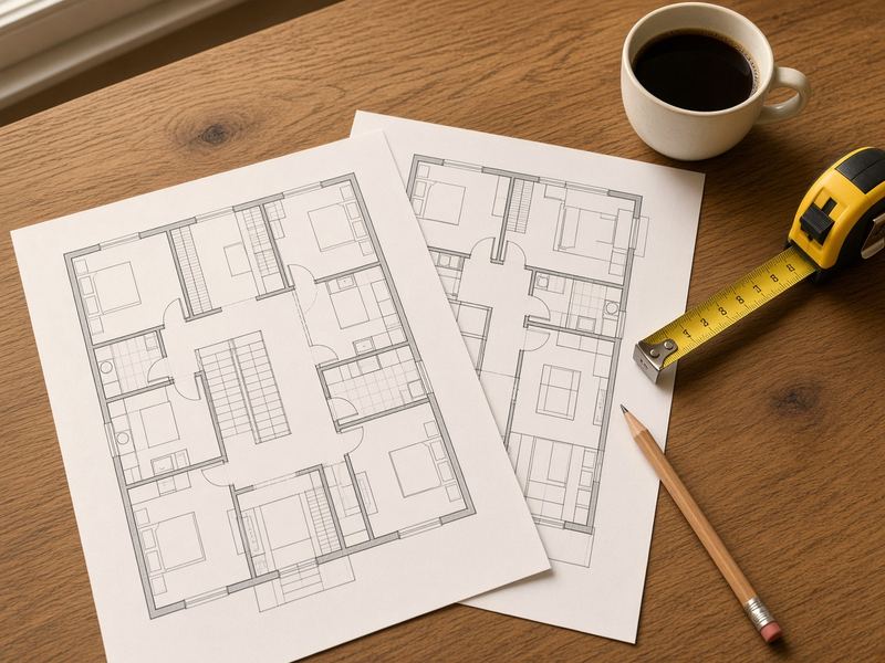 Grundrisspläne, Maßband, Bleistift und eine Tasse Kaffee auf einem Holztisch (KI-generiert)